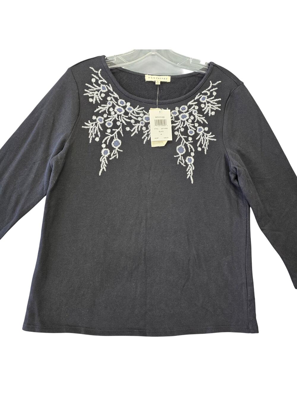 Retrology Black White Shirt NEW $48 Embroidered Floral 3/4 Sleeves Womens Size M
